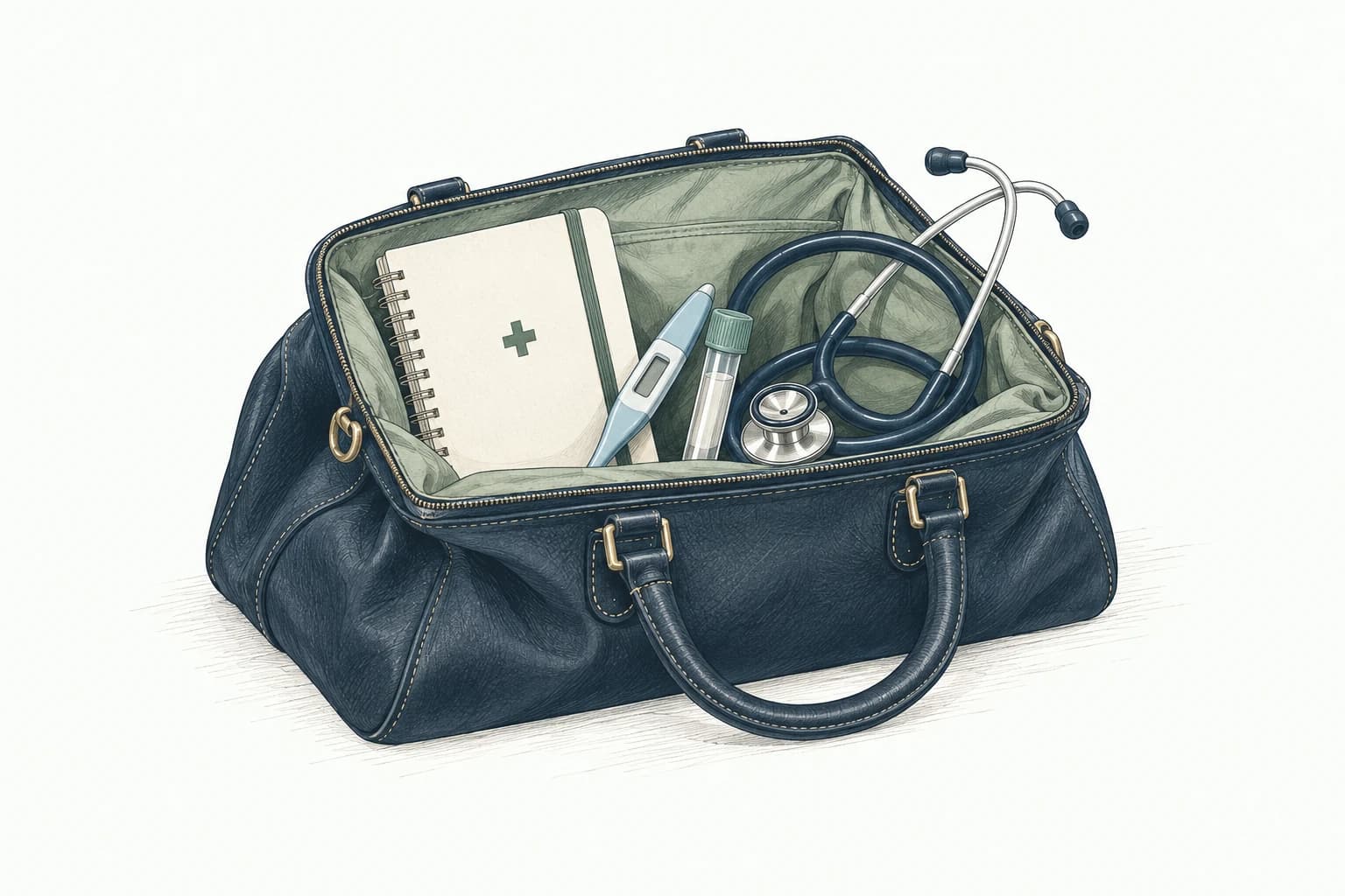Illustration of an open doctor's bag with a stethoscope, thermometer and care notebook