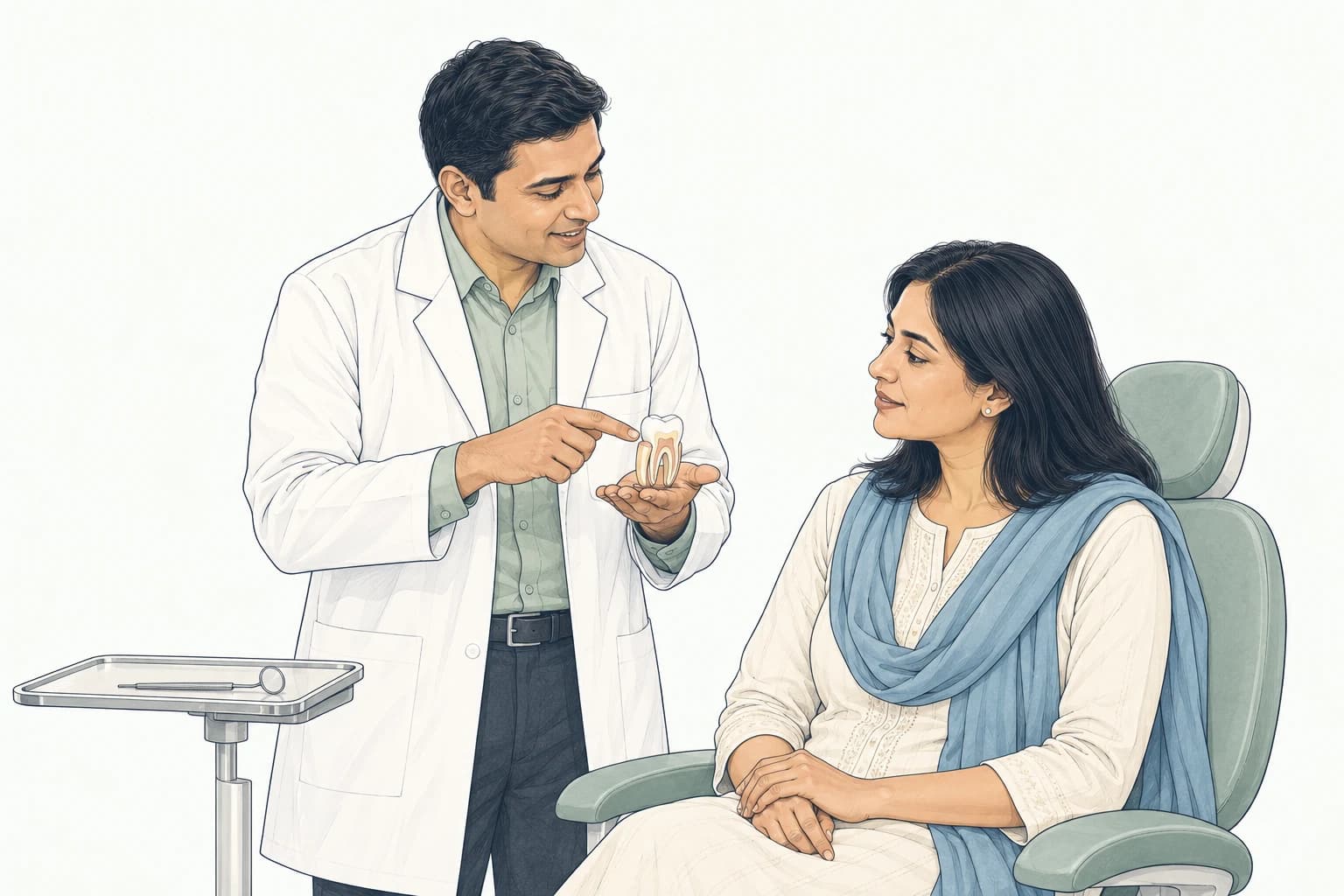 Illustration of a dental professional explaining a tooth model to a seated woman
